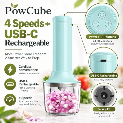 Cordless Hand Mixer, 4-in-1 Handheld Electric Mixer with Electric Whisk Frother & 10 oz Mini Food Chopper, USB-C Rechargeable 4-Speed Hand Mixer for Eggs, Cream, Coffee & Small-Batch Prep