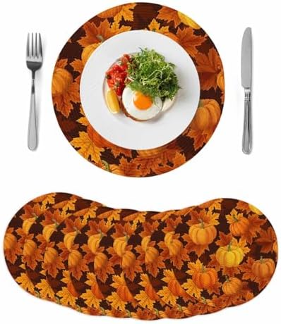 Fall Round Placemats Set of 8 Thanksgiving Orange Harvest Pumpkin Place Mats Washable Woven Placemat Autumn Maple Leaf Circle Braided Table Mat for Kitchen Dining Holiday Party Fall Decor 15 Inch