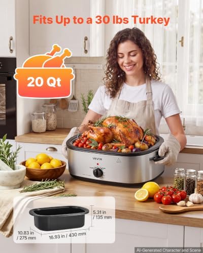 VEVOR Electric Roaster Oven, 20 Qt 1450W, Turkey Roasting Pan, Metal Lid