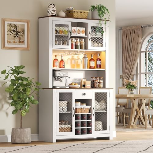 Merax 70.9" Tall Kitchen Pantry Storage Cabinet with Charging Station and LED Lights, Rustic Kitchen Hutch Food Pantries with Wine Rack, Drawer & Adjustable Shelves for Dining Room, White
