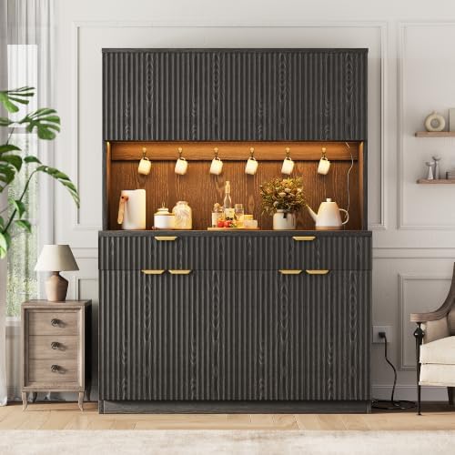 Jocoevol Fluted Kitchen Pantry Storage Cabinet with Charging Station & LED Lights,71" Tall Kitchen Hutch with Microwave Stand, Adjustable Shelves,Storage Doors(Black, 47" W x71 Hx15.7 D)
