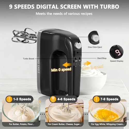 Lord Eagle 9-Speed Digital Hand Mixer Electric Handheld, 500W DC Motor