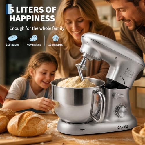 Garvee 5.3 QT Tilt-Head Stand Mixer, 500W Motor, 10-Speed Electric Kitchen Mixer with Stainless Steel Bowl, Dough Hook, Flat Beater & Wire Whisk for Bread Dough, Cake, Cookies & Pizza, Silver