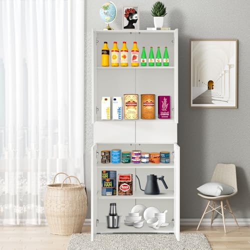 67-Inch Multi-Functional Kitchen Pantry Cabinet with 4 Doors, 3 Adjustable Shelves, 2 Cabinets with 1 Drawer – Elegant Freestanding Farmhouse Storage for Kitchen, Dining and Living Room (White)