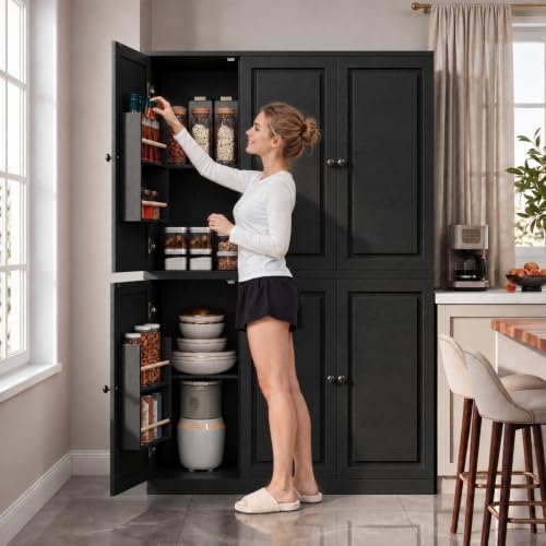 IRONCK Kitchen Pantry Storage Cabinet, 47.2" W x 69" H, 6 Doors, Black