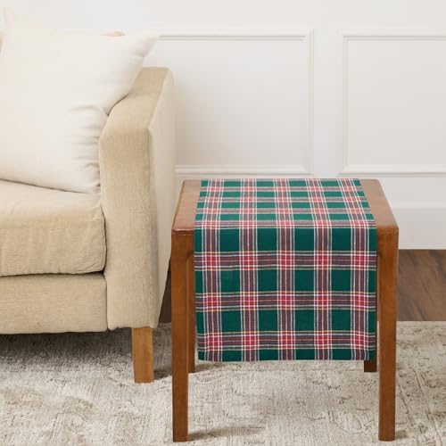 Solino Home 100% Pure Linen Dining Table Runner Green Plaid, 14 x 36 in