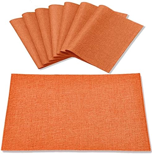 Linen Placemats Set of 8, Machine Washable, Heat Resistant, Wrinkle Free, Thick Polyester Kitchen Place Mats for Dining Table (Orange)