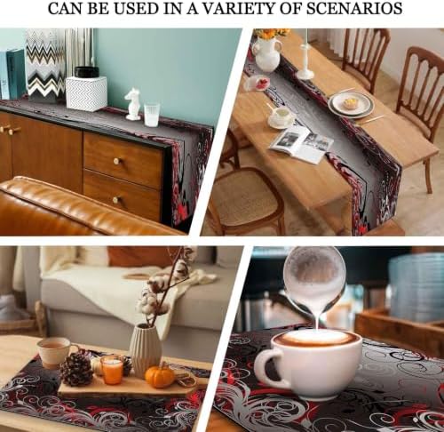Mcalk Table Runner and Placemats Set of 6 Pieces,Mystic Gray Leaf Placemat,Cloth Place Mats Red Indoor for Kitchen,Washable Placemats Floral Print Linen Material for Dining Table