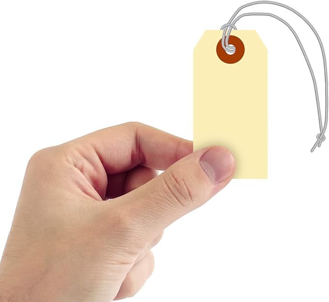 SmartSign Blank Manila Shipping Tags with Pre-Strung Elastic Strings - Pack of 250, Size-2, 13pt Thick Cardstock Tag, 3 1/4" x 1 5/8" Paper Hang Tags with Reinforced Fiber Patch