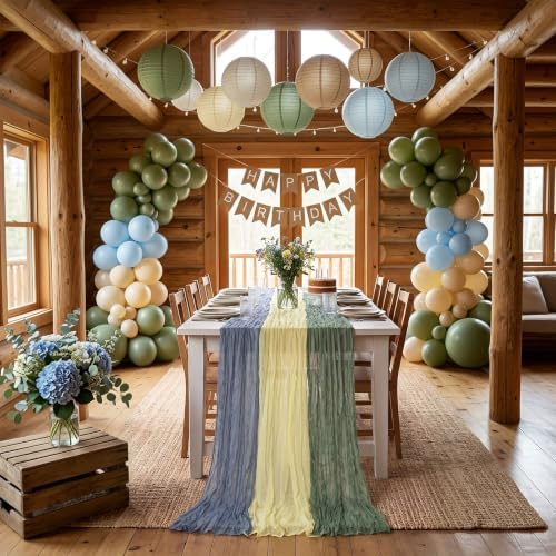 6 Pcs Dusty Blue Green Yellow Cheesecloth Table Runner