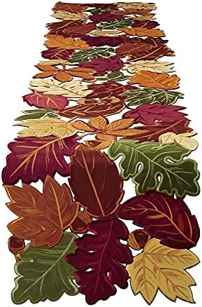 OWENIE Fall Table Runner, Thanksgiving Table Runner Extra Long 144 Inches ,Embroidered Harvest Leaves Home Decor for Autumn Season Outdoor Table Holiday Decorations, 13 x 144 inches Dresser Scarf