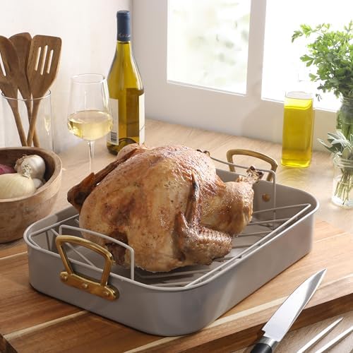 Gibson Home Broxton 2-Piece Nonstick Roaster Pan with Rack – 16 x 12 Inch Taupe Turkey Roasting Pan with Cast Aluminum Gold Handles – Oven-Safe, Easy-Clean, Holiday Cookware