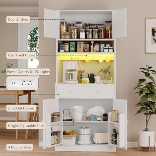 71" Tall Kitchen Pantry Cabinet with Microwave Countertop, LED Lights White