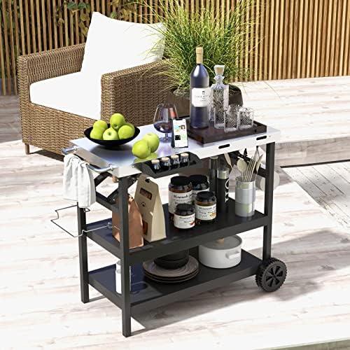 GIANTEX Outdoor Grill Cart with Wheels, Food Prep Table with 3 Storage Shelves, Detachable Spice Rack, Garbage Bag Holder, 4 Hooks, Movable Dining Cart Worktable Trolley for Outside Kitchen BBQ