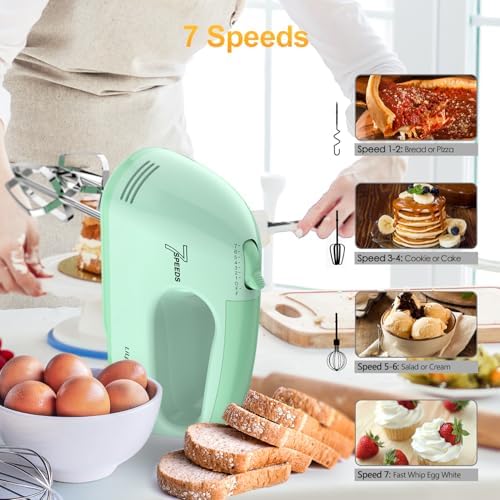 LILPARTNER Electric Hand Mixer with Storage Box, Ultra Power Kitchen Hand Mixer With 7-Speed & 5 Stainless Steel Accessories for Whipping Dough, Cream, Cake, Dishwasher Safe, LIGHT GREEN BOX