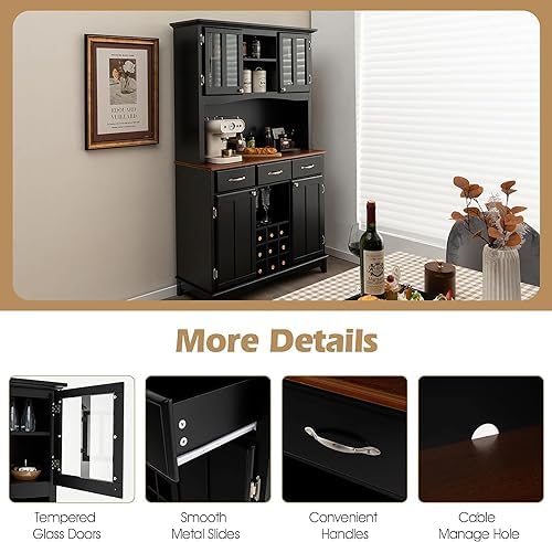 72.5'' Kitchen Pantry Cabinet, Tall Buffet Sideboard w/ 3-Position Adjustable Shelves & 9-Grid Wine Rack, Freestanding Microwave Cabinet for Kitchen, Dining Room, Living Room (Black)