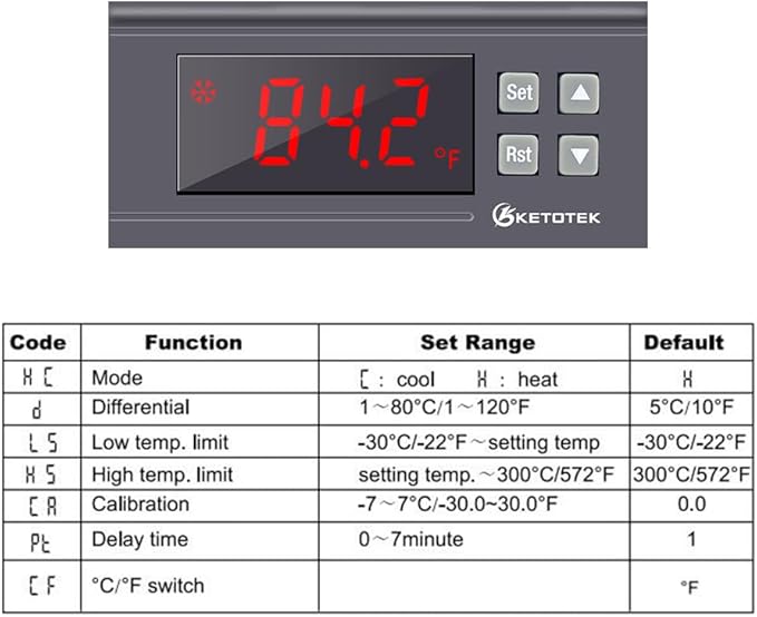KETOTEK KT8230 Digital Temperature Controller Thermostat Regulator 120VAC 30A Fahrenheit -22~572℉ Heating Cooling for Incubator Brooder Refrigerator Fermenter Greenhouse Reptile