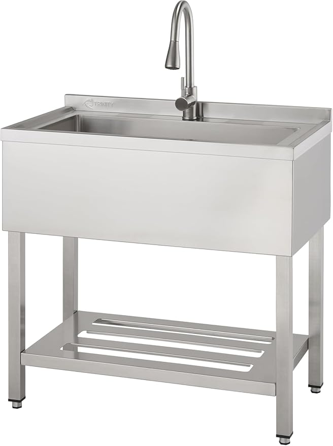 TRINITY Stainless Steel Freestanding Single Bowl Utility Sink for Garage, Laundry Room, and Commercial Use, Includes Pull-Out Faucet, NSF, UPC and cUPC Certified, 36" x 20" x 49.2", Stainless Steel