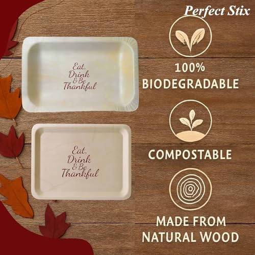 Perfect Stix Thanksgiving Plates and Napkins Set – 25 Large 10-Inch & 25 Small 7-Inch Eco-Friendly Wooden Plates with 50 Burgundy 2-Ply Dinner Napkins –Thanksgiving & Friendsgiving Gatherings