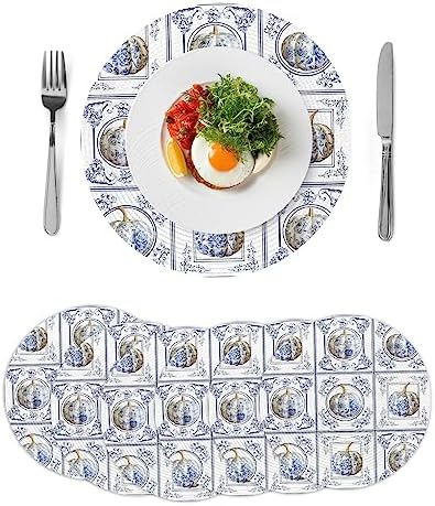 Fall Round Placemats Set of 2 Flower Pumpkin Thanksgiving Place Mats Washable Woven Placemat Blue Floral Circle Braided Table Mat for Kitchen Dining Table Holiday Party Autumn Decorations 15 Inch