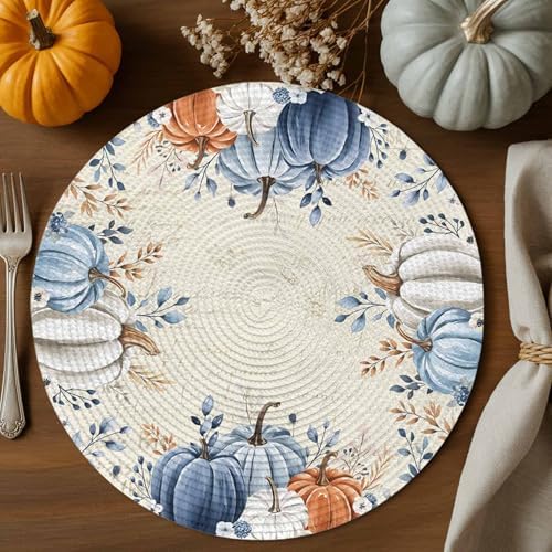Fall Round Placemats Set of 2 Pumpkin Blue Orange Thanksgiving Place Mats Washable Woven Placemat White Pumpkin Leaves Circle Braided Table Mat for Kitchen Dining Table Holiday Party Decor 15 Inch