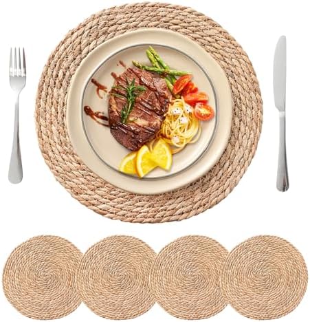 13.8'' Round Woven Placemats Set of 4, Boho Wicker Chargers, Terrekraft