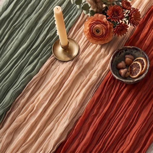 6 Pcs Terracotta and Sage Green Cheesecloth Table Runner 118"