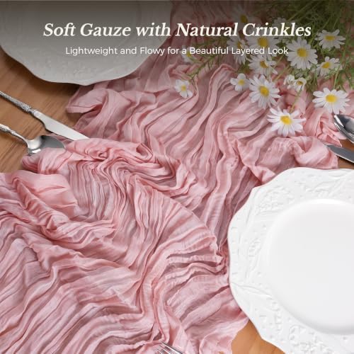 Goodluck 10 Pack 10Ft Dusty Pink Cheesecloth Table Runner 35x120 Inch Boho Gauze Table Runner Cheese Cloth Extra Long Romantic Table Runners for Wedding Bridal Shower Birthday Party Table Decor