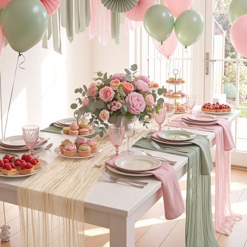 6pcs Sage Green & Pink Cheesecloth Table Runners 118" Boho Gauze