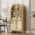 63" Tall Arched Cabinet with Glass Doors, Kitchen Pantry Storage Cabinet with Dust-Proof Rattan, 5-Tier Curio China Cabinet with Adjustable Shelves for Living Room Dining Room, Oak