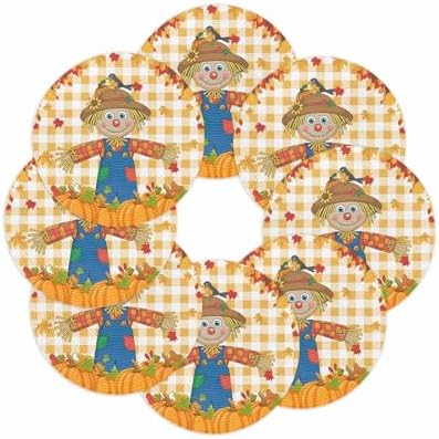 Fall Round Placemats Set of 8 Thanksgiving Scarecrows Crow Pumpkin Place Mats Woven Placemat Maple Leaf Orange Buffalo Plaid Circle Braided Table Mat for Kitchen Holiday Party Fall Decor 15 Inch