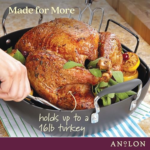 Anolon Advanced Hard Anodized Nonstick 2 Piece Roaster/Roasting Pan with Wire Rack, Oval, 16 Inch x 13 Inch, Dark Gray