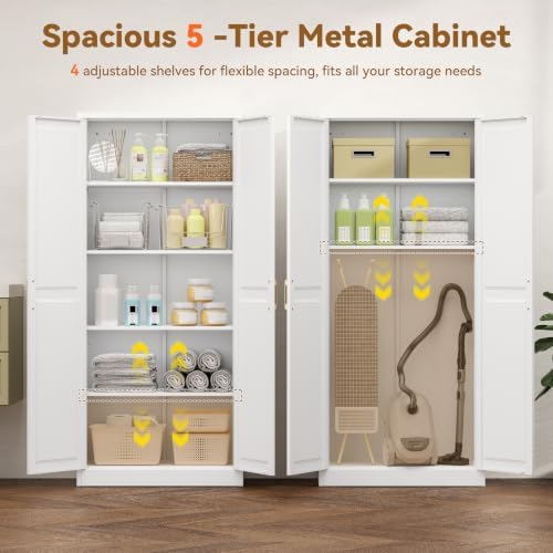 Polup 71" White Metal Kitchen Pantry Storage Cabinet with Doors and Shelves