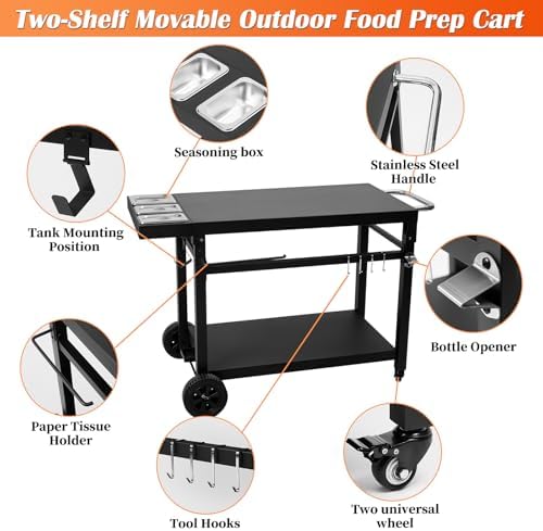Black Cast Iron 2-Shelf Grill Cart with Wheels,Heavy Duty Pizza Oven Stand for Blackstone Ninja,Outdoor Cooking Station with Durable Tabletop