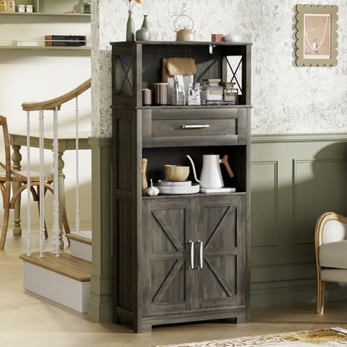kepptory 55" Tall Farmhouse Pantry Cabinet, 23.6" W Narrow Kitchen Storage Cabinet with Drawer, Doors and Shelves for Kitchen and Dining Room, Grey