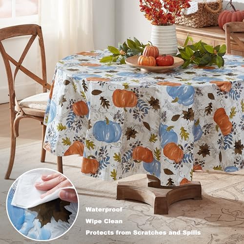 Newbridge Thanksgiving Blue Pumpkin 70 Inch Round Vinyl Tablecloth