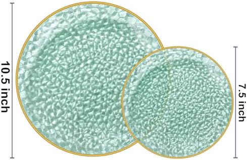 Rubtlamp 100 Clear Green Gold Plastic Plates, Hammered Clear and Gold Disposable Plates Include 50 Dessert Platos, 50 Dinner Platos for Party