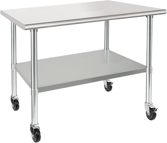 HARDURA Stainless Steel Table with Wheels 30 x 36 Inches Casters NSF Heavy Duty Commercial Prep Table with Undershelf and Galvanized Legs for Food Prep