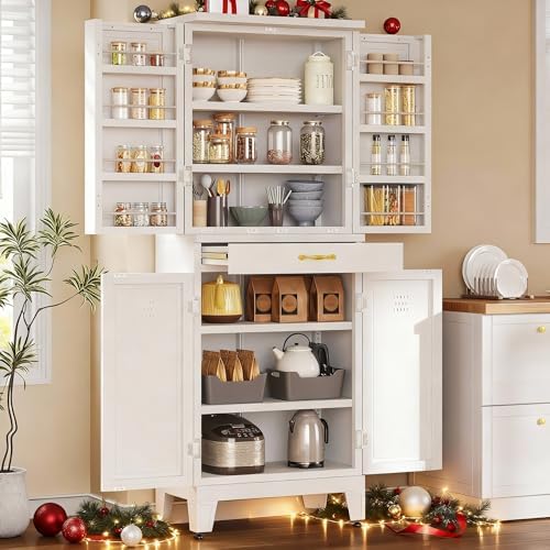YITAHOME 71" Metal Pantry Cabinet with Drawer, Shelves & Door Racks, White