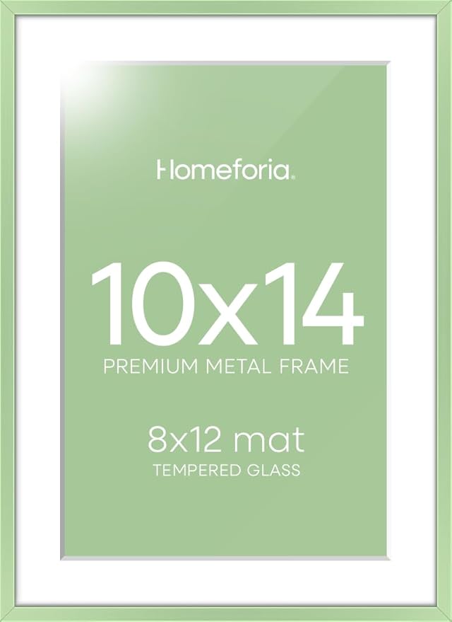 Homeforia 10x14 Picture Frame Sage Green, High End Metal 10x14 Wall Hanging Frame with Mat 8x12, 10 x 14 Poster Frame Matted to 8 x 12 inch Photo, 10by14 Thin Frame, Tempered Glass, Wall Kit, Set of 1