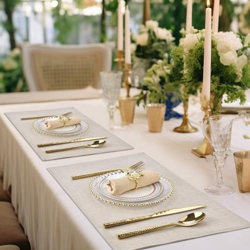 SLKQG Faux Linen Placemats Set of 8, Heat Resistant Washable Double Layer Cloth Place Mats for Dining Table, Wrinkle Resistant Linen Textured Farmhouse Kitchen Decor (8, Light Linen)