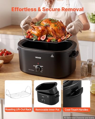 VEVOR Electric Roaster Oven, 26 Qt, Turkey Roasting Pan, Black, Viewing Lid
