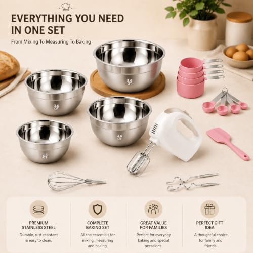 Showvigor Electric Hand Mixer with 5 Stainless Steel Whisks,5 Speed,White