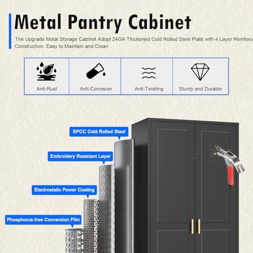 Polup 60" Black Metal Kitchen Pantry Storage Cabinet with Doors and Shelves