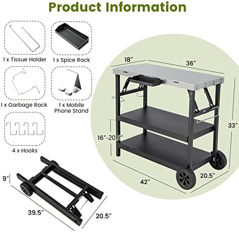 GIANTEX Outdoor Grill Cart with Wheels, Food Prep Table with 3 Storage Shelves, Detachable Spice Rack, Garbage Bag Holder, 4 Hooks, Movable Dining Cart Worktable Trolley for Outside Kitchen BBQ