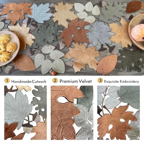 KEVA Fall Table Runner 90inches Long, Autumn Maple Leaves Velvet Table Runner 14x90 inch for Thanksgiving Kitchen Table Decoration, Harvest Embroidered Table Decoration