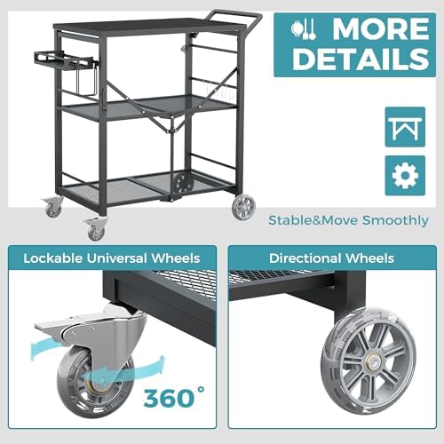 Ciokea Folding Outdoor Grill Cart with Wheels, All Black