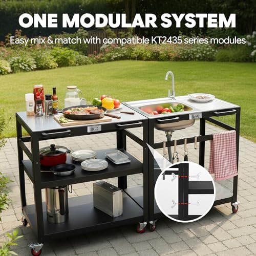 Feasto 35" Movable Outdoor Grill Cart with Stainless Steel Sink & Faucet