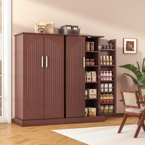 kepptory 47" Kitchen Pantry Cabinet, Freestanding Tall Storage Cabinet with Doors and Adjustable Shelves, Large Food Storage Organizer for Kitchen, Dining Room, Living Room, Farmhouse Cupboard, Brown
