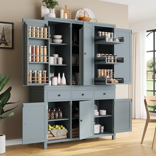 Merax 74.8'' Tall Kitchen Pantry Storage Cabinet with 6 Doors, 3 Drawers and Adjustable Shelves, Freestanding Large Cupboard & Pull-Out Trays for Kitchen, Dining Room, Living Room, Gray